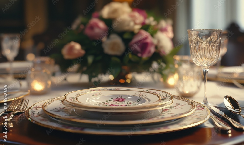 Poster elegant table setting with fine china and a floral centerpiece, soft warm light creating an inviting