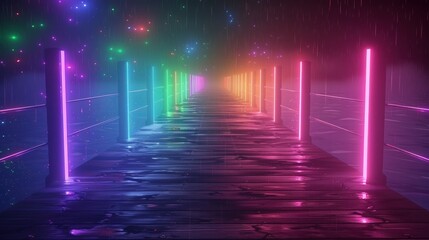 Vibrant Neon Light Pier Under Rainy Night Sky with Colorful Atmosphere