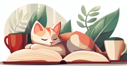 Cozy cat resting on open book with plants and cups in a peaceful indoor setting