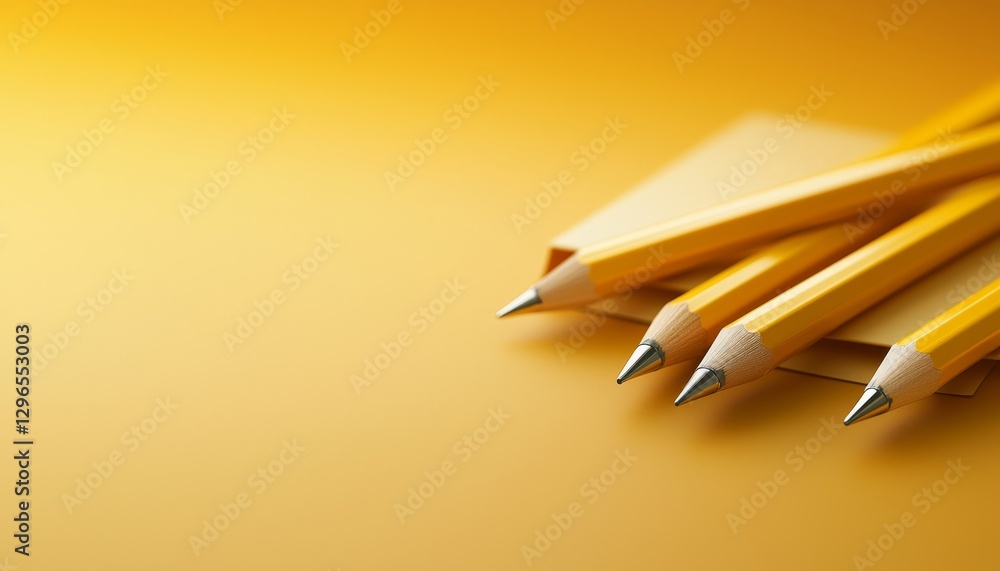 Poster a close-up of sharpened yellow pencils on a soft yellow background, emphasizing color and simplicity