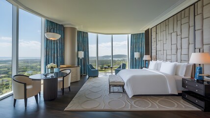High-end hotel suite with panoramic views, luxurious bedding, and modern furnishings.
