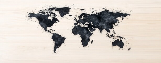 A minimalist world map design in black on a light wooden background, emphasizing geographical outlines in a modern artistic style.