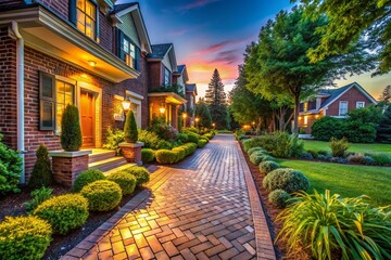 Obraz premium Long Exposure: Charming Brick Sidewalk Enhancing Home Curb Appeal