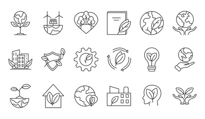Fototapeta premium Eco friendly line icon set representing sustainability, renewable energy, environmental protection, green technology and nature conservation. Minimalist line style and editable strokes.