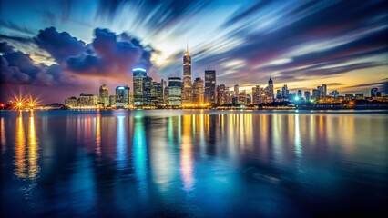Obraz premium Long Exposure Cityscape at Night, Illuminated Waterfront, Urban Seascape, Glowing City Lights Reflecting on Water