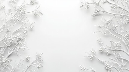 White winter background with white Christmas tree branches and berries on the right side, top view. The left part of the space is empty for text or a logo
