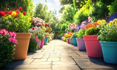 Vibrant outdoor garden with rows of colorful potted plants, bright morning light highlighting the lush greenery, evoking freshness and vitality,