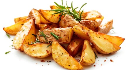 Closeup golden salty potato wedges on white background. AI generated image