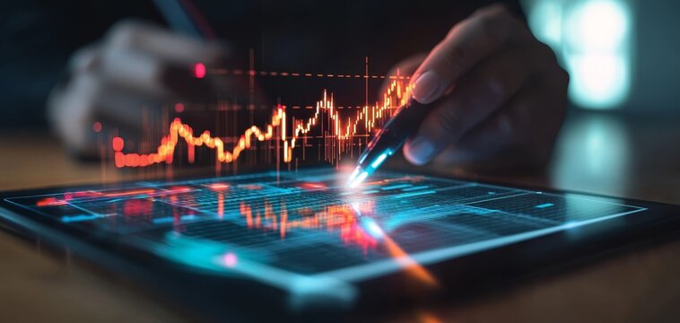 A person analyzes a digital graph on a tablet, showcasing financial data trends with vibrant colors and a focus on growth. - Powered by Adobe