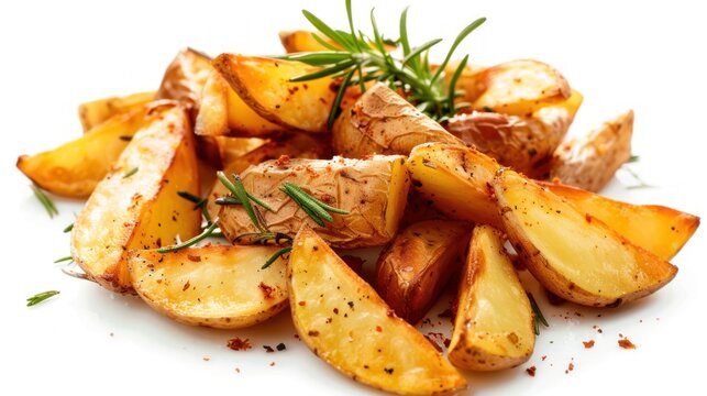 Closeup golden salty potato wedges on white background. AI generated image