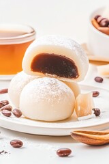 Fototapeta premium Delicious mochi with sweet filling and a cup of tea on a minimalist table