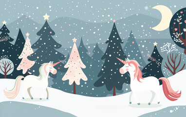 A dreamy winter landscape with two elegant unicorns walking through a snowy forest under a crescent moon. Concept of winter magic, fantasy, and holiday wonder.