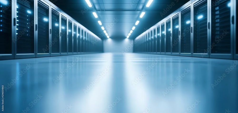 Poster a sleek data center corridor illuminated by blue lights, featuring rows of server racks on either si