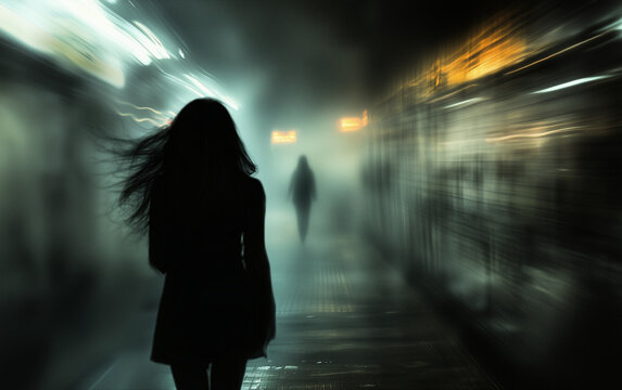 Mystical Silhouette in a Foggy Subway Tunnel with Motion Blur Effect - Powered by Adobe