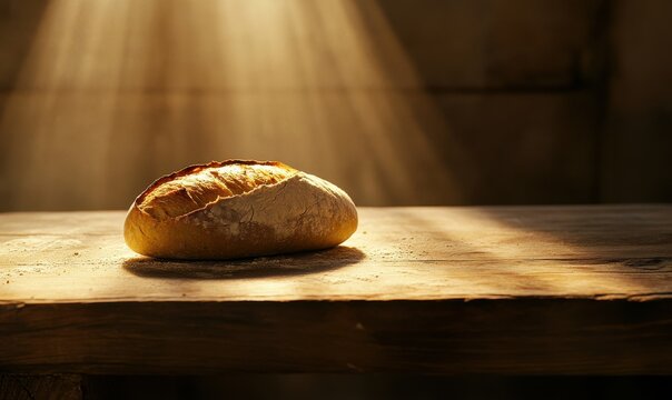 Freshly baked artisan bread with a golden crust resting on a rustic wooden counter, softly illuminated to emphasize its hearty texture and warm appeal