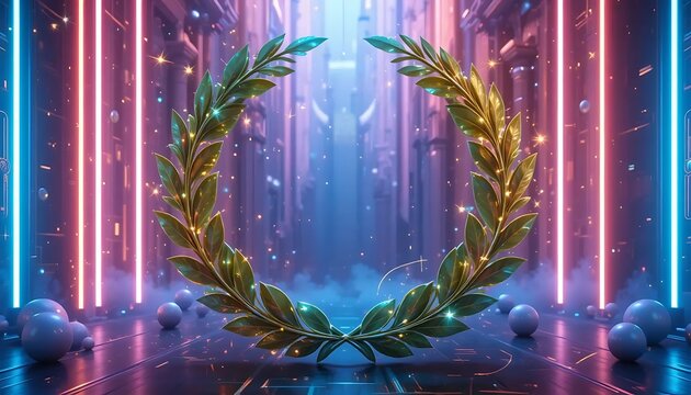 Futuristic Laurel Wreath Surrounded by Neon Lights and Mist in a Modern Digital Environment - Powered by Adobe