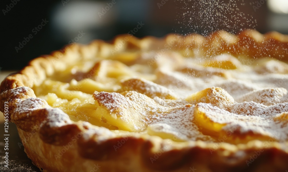 Poster freshly baked pie topped with a golden crust and a dusting of powdered sugar, softly illuminated to 
