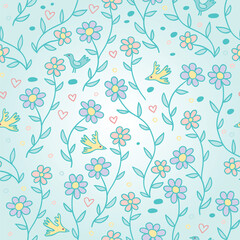 Seamless Floral Pattern Pastel Flowers and Birds