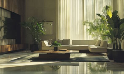 Artistic minimalist living room with sleek furniture and indoor plants illuminated by natural light creating a calm and modern ambiance .