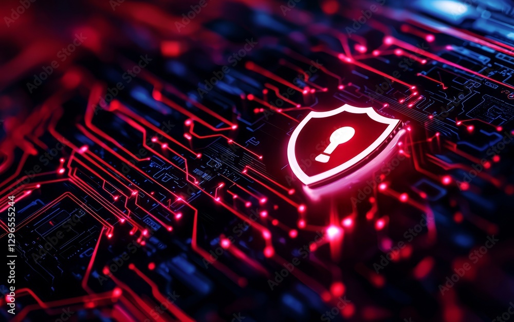 Poster a vibrant digital background featuring a red shield icon symbolizing cybersecurity, with interconnec