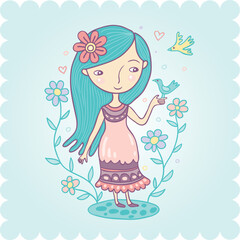Whimsical Girl with Bird Hand-Drawn Fantasy Illustration