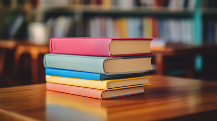 Colorful books stacked on a wooden table, symbolizing knowledge and learning in a serene setting.