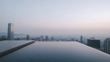 A luxurious hotel rooftop infinity pool overlooking a stunning city skyline,