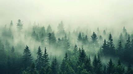 Beautiful scene misty foggy fir forest in morning hipster landscape. AI generated image