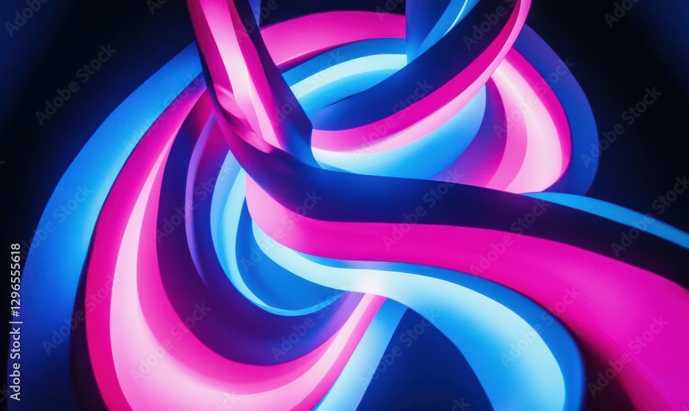 Poster dynamic abstract swirl of neon blue and pink hues illuminated by glowing light, creating a bold and 