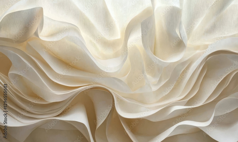 Poster dynamic arrangement of beige paper waves illuminated by soft light, emphasizing their layered textur