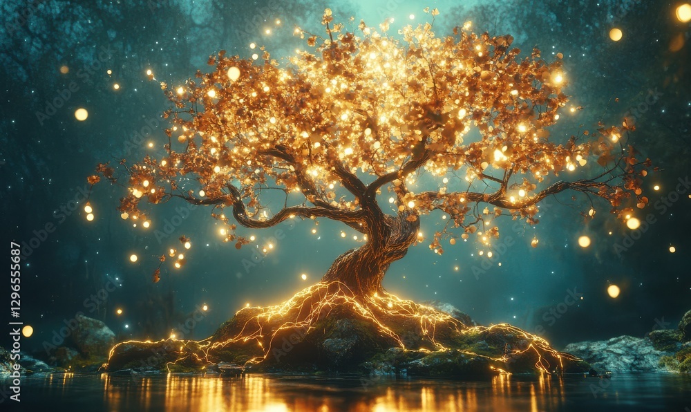 Poster artistic rendering of a glowing neuron tree, symbolizing the fusion of biology and technology in a s