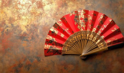 Elegant red and gold fan on textured brownish background.
