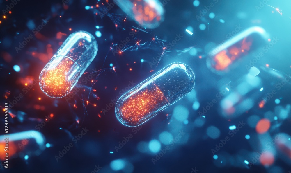 Poster artistic rendering of glowing capsules floating in mid-air surrounded by soft digital patterns. futu