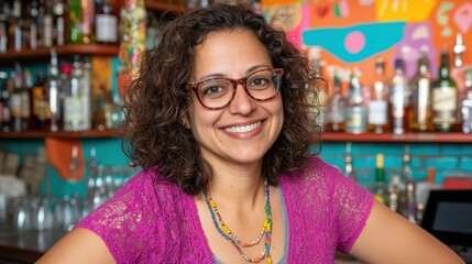 A cheerful bartender stands in a lively bar, showcasing a welcoming smile. The colorful decor features vibrant artwork and an array of liquor bottles, creating an inviting atmosphere