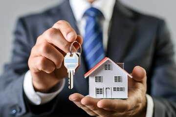 A real estate mana holding a house model in hand with key like business concept