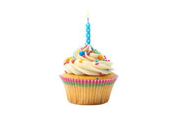 Celebration cupcake with colorful frosting and a candle for birthday parties and festive gatherings, cut out