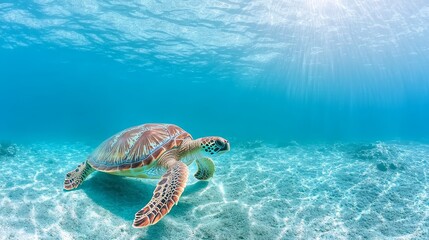 Obraz premium Swimming sea turtle coral reef underwater photography tropical ocean wide angle marine life conservation