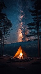 Campfire Night Tent Milky Way Forest