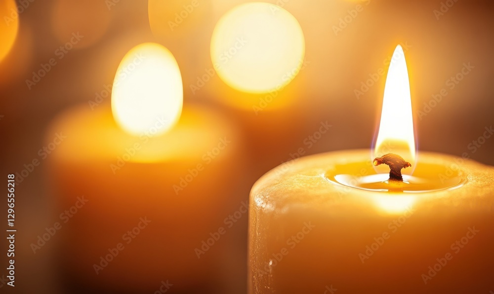 Poster dynamic close-up of a flickering candle flame surrounded by warm glowing light, creating a meditativ