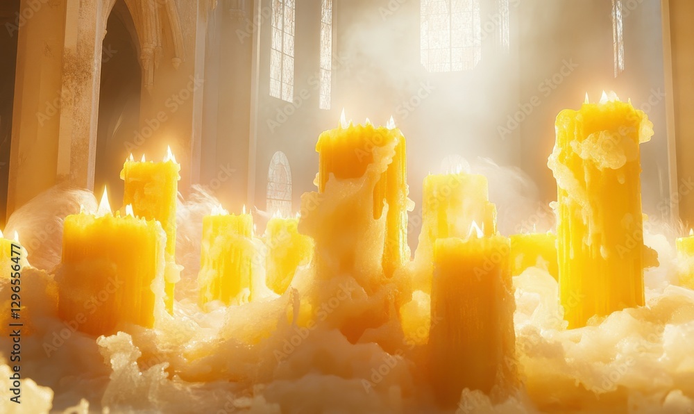 Poster dynamic cluster of yellow candles melting slowly under soft glowing light, creating a warm and intim