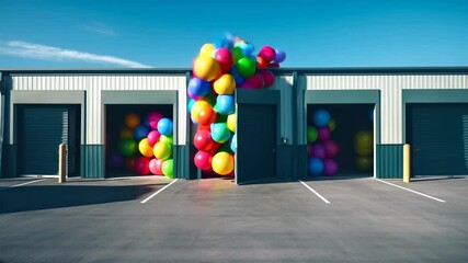 A massive pile of colorful balloons bursts out of a storage unit, filling the parking lot with vibrant energy. The playful and surreal scene contrasts with the industrial setting.