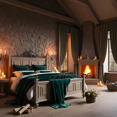 A digitally rendered, romantic bedroom boasts a stone fireplace with a crackling fire, rich emerald green velvet bedding, and antique-style furnishings.