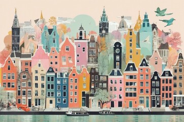 Obraz premium Colorful buildings and serene canals showcase the charm of a vibrant city in autumn with artistic flair