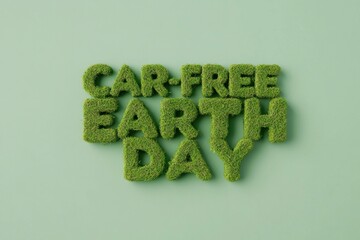 Green moss letters spelling Car Free Earth Day on a pastel green background, emphasizing eco friendliness and sustainability for Earth Day celebrations