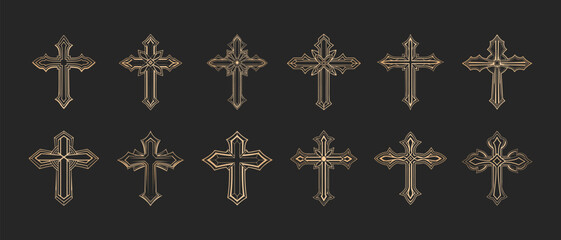 Set of golden Christian crosses. Decorative crucifix religion symbol. Orthodox faith church icon design. Illustration.