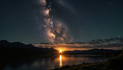 Stunning night sky with Milky Way and sunset reflection on tranquil lake
