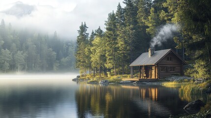 Obraz premium Tranquil Lakeside Cabin: A cozy cabin nestles beside a serene lake, surrounded by lush forest and a misty, evocative landscape. Capturing peace and beauty.