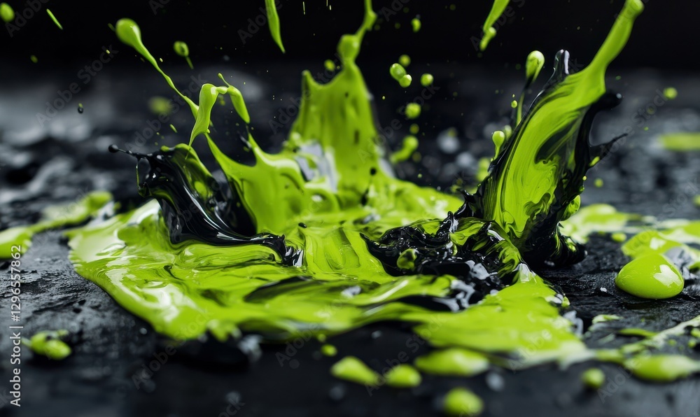 Poster dynamic green and black paint splashes frozen mid-motion, sharp contrasts creating an abstract moder