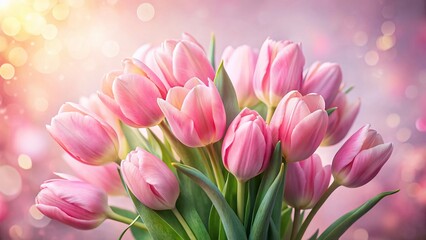 Fototapeta premium Long Exposure Pink Tulip Bouquet on Light Pink Background - Soft Focus Floral Photography