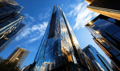 Dynamic low-angle shot of a modern skyscraper reflecting the blue sky illuminated by natural sunlight, evoking sophistication and urban architecture